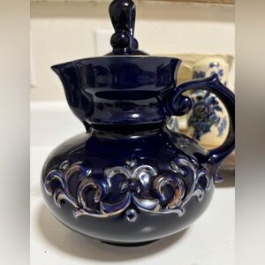 Vintage 1970s porcelain pitcher - glazed cobalt blue